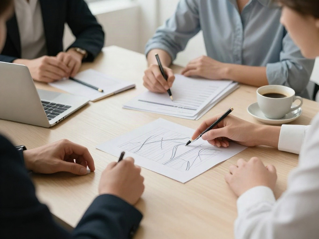 A collaborative business review with printed analytics, a laptop, and notes around a meeting table