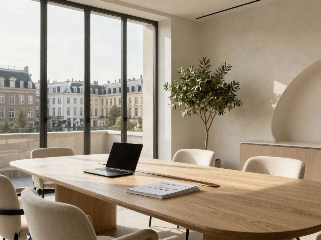 A light-filled contemporary meeting room with an oak conference table and views over the city